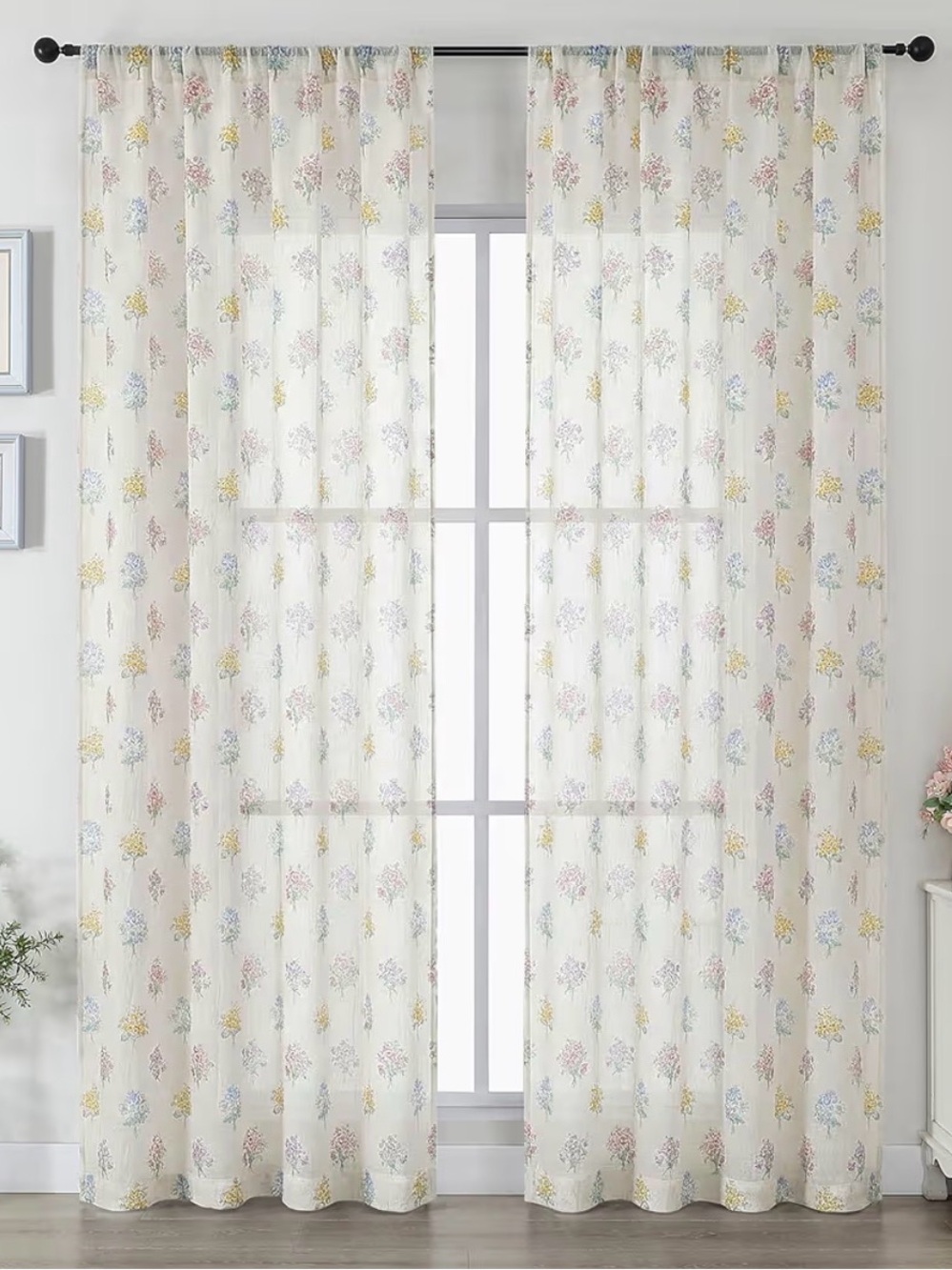 Sheer Floral Window Curtain Panel Set 42x84” - White with Yellow Accent NEW